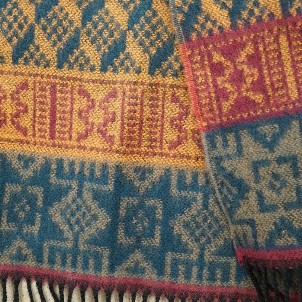 Cashmere Scarf Unisex Hand Tailored Germany Teal Magenta Print Fringed